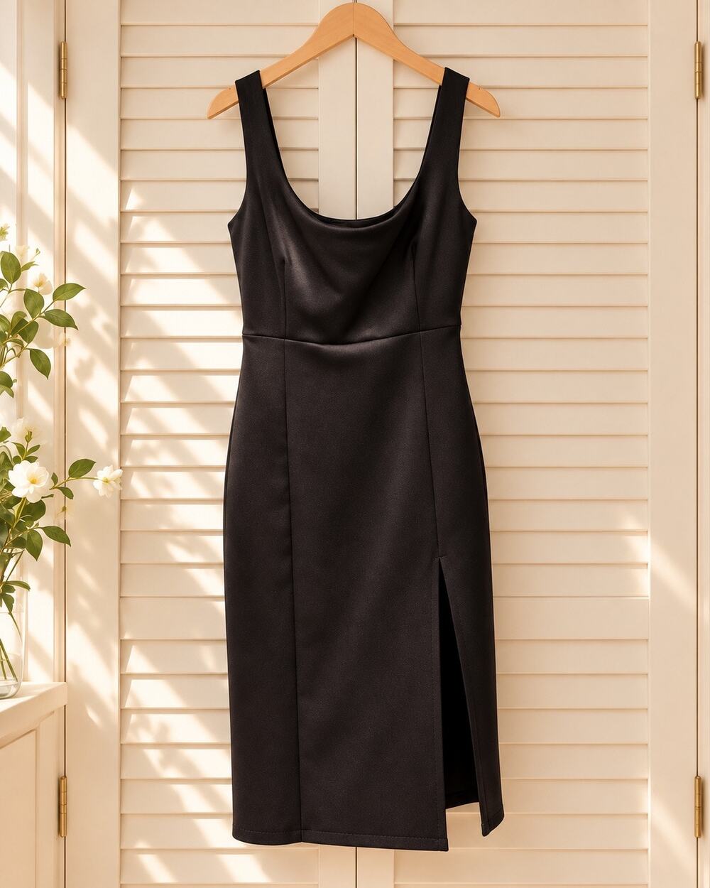 Showpo Black Cowl Neck Midi Dress Size US 6 AU 10 Side Slit Bodycon Cocktail
